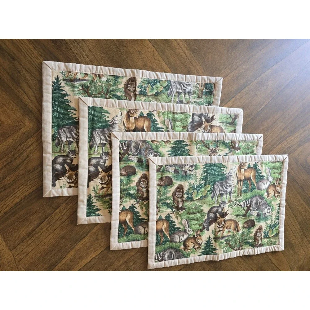 Vintage Woodland Forest Animal Placemats Set of 4 Deer Wolf Fox Raccoon Rabbit